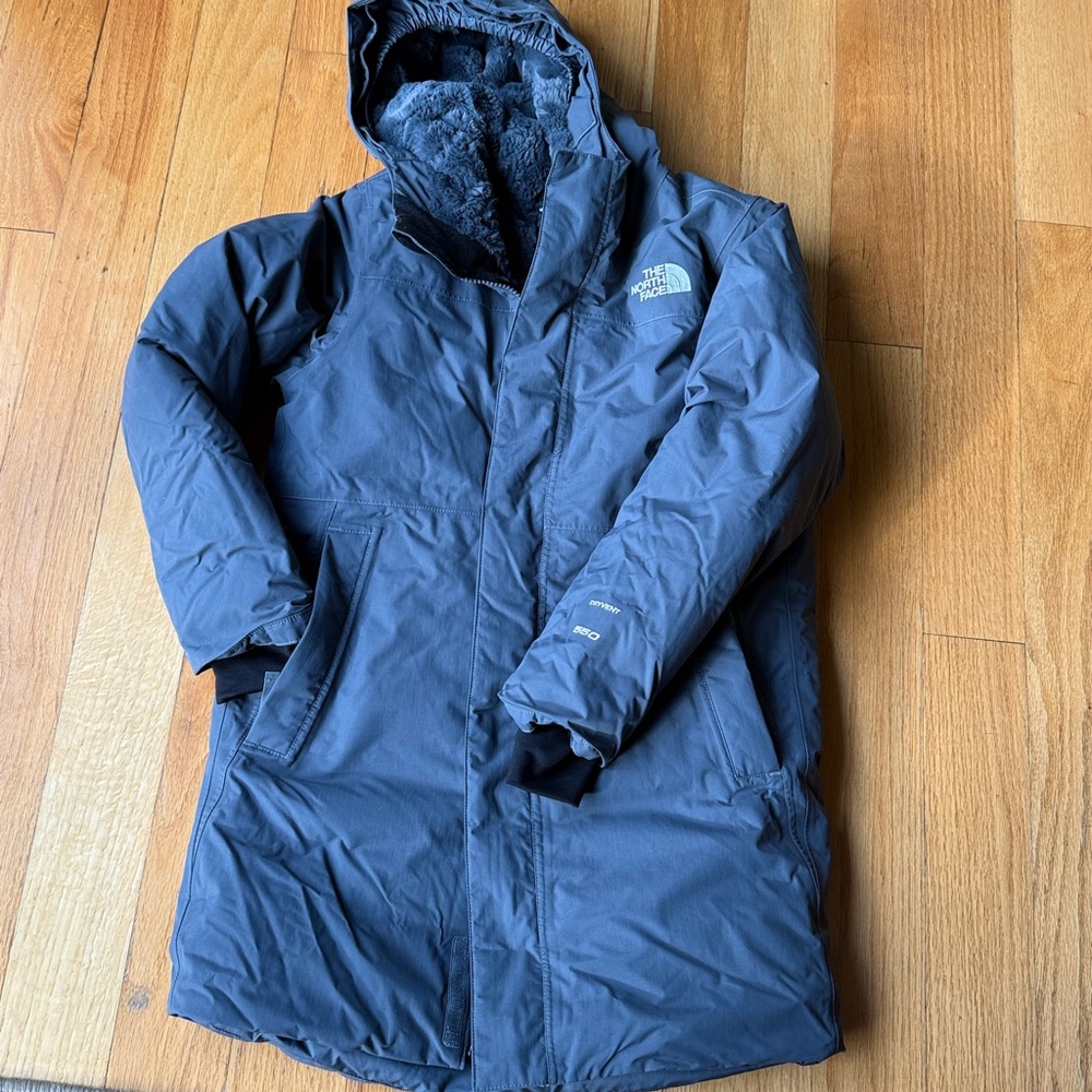 The North Face Kids Charcoal Hooded Fur Puffer Coat Size Medium 10/12